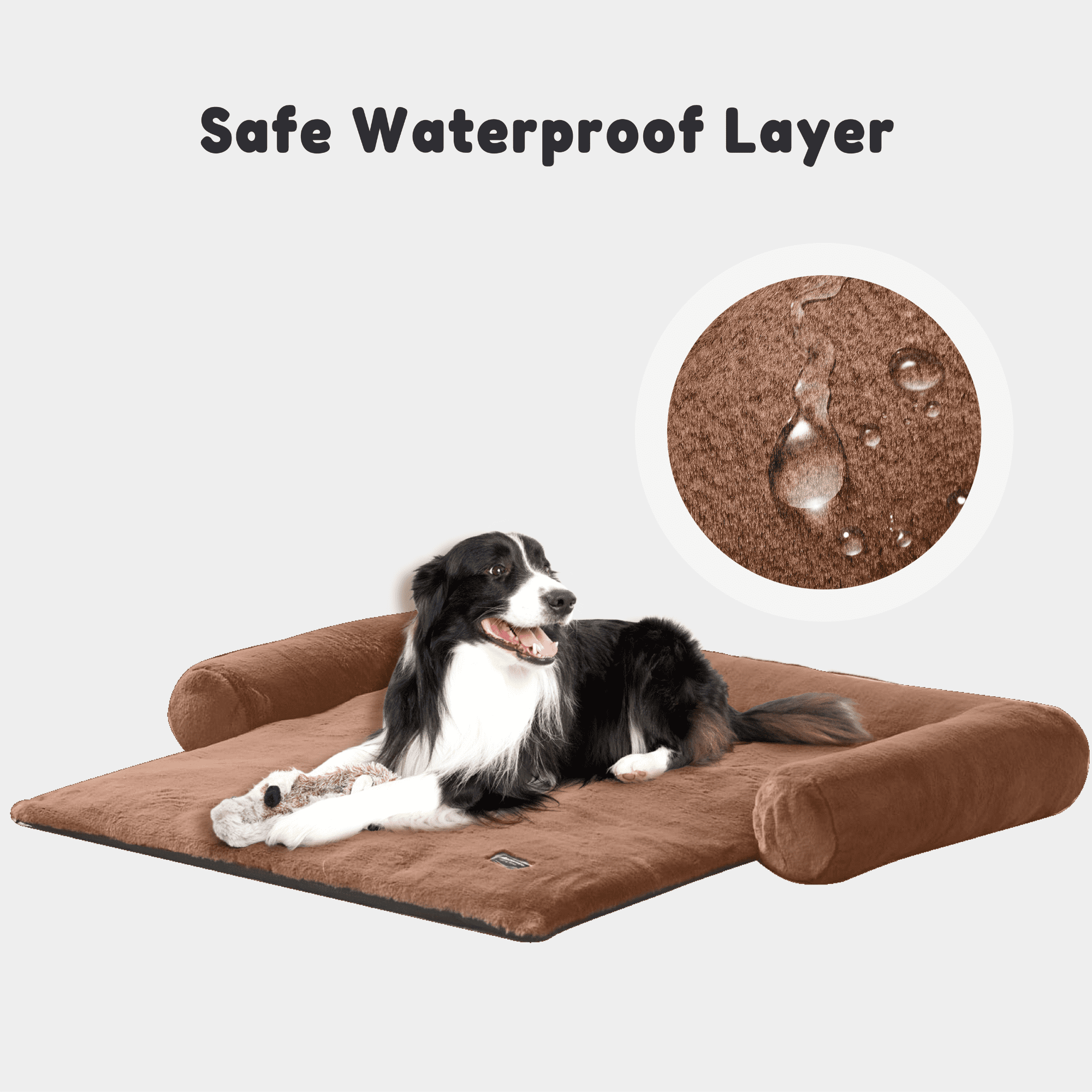 allisandro Calming Furniture Protector Dog Bed with Soft Neck Bolster, Waterproof Faux Fur Couch Cover with Removable Cover, 45 x 40 x 5 Inches, Dark Brown