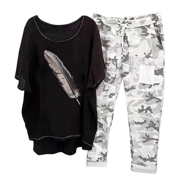 Ensemble Pantalon Femme 2 Pcs Imprimé Col Rond Manches Mi-Longues Pull + Pantalon Ensemble 2 Pcs en Solde
