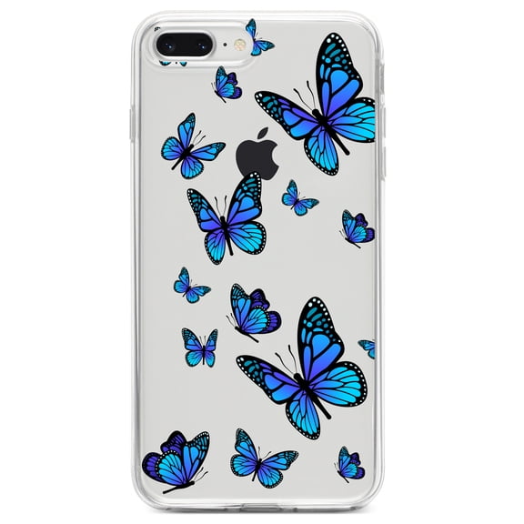 DistinctInk Clear Shockproof Hybrid Case for iPhone 7 PLUS / 8 PLUS (5.5" Screen) TPU Bumper Acrylic Back Tempered Glass Screen Protector - Blue Butterflies Butterfly