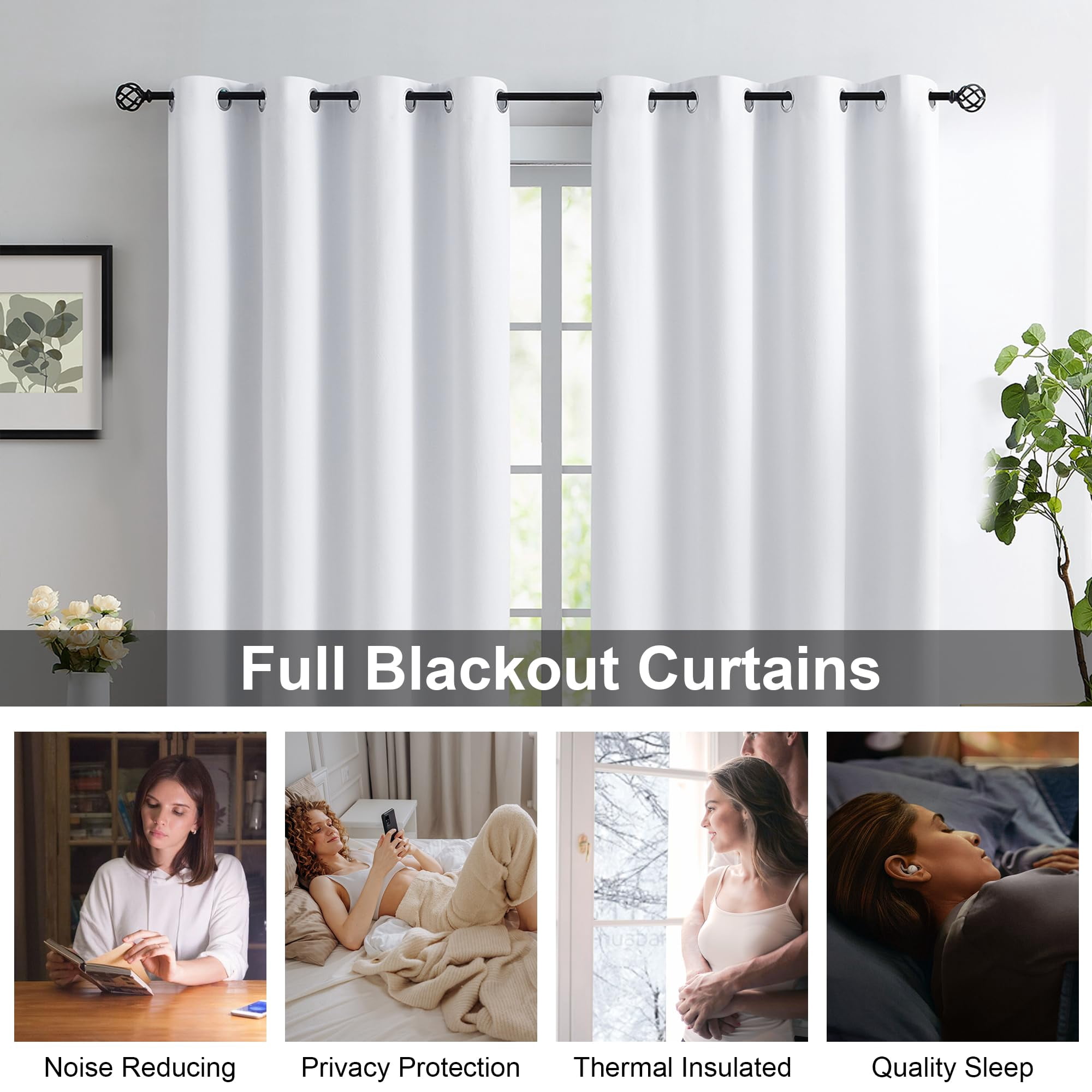 White Full Blackout Window Curtains for Bedroom Noise Reducing Room Darkening Thermal Insulated Drapes Heavy Linen Texture 8 Grommets Top for Living Room with White Liner, 52" x 72", 2 Panels