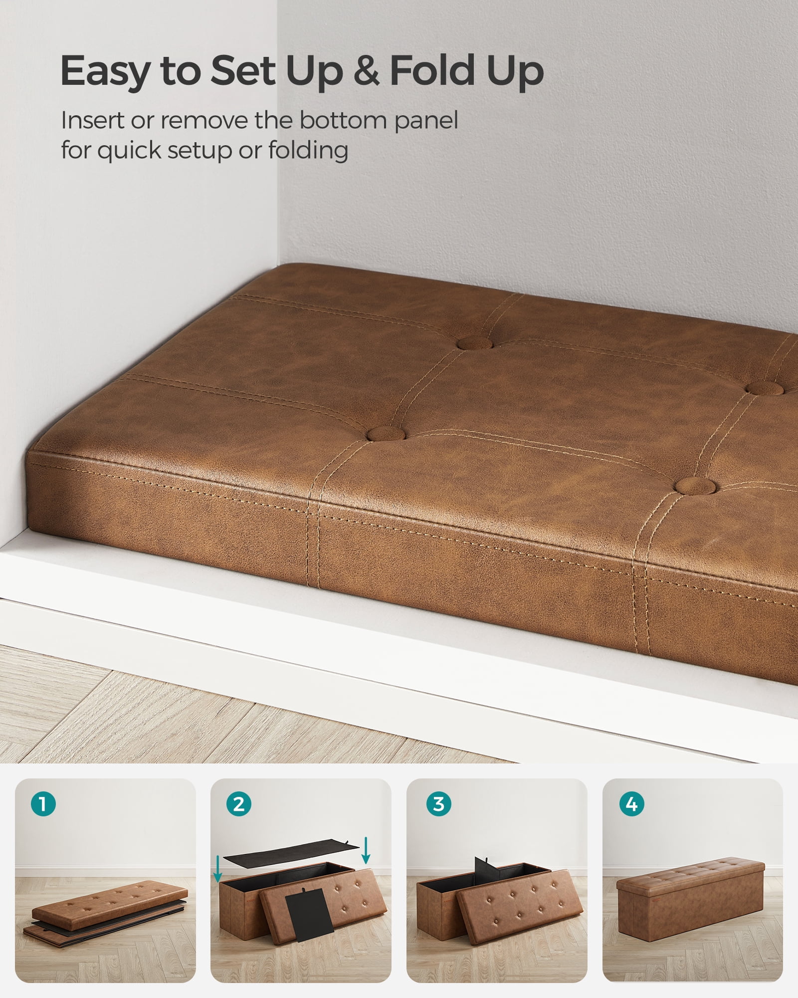SONGMICS 43" Storage Ottoman Bench Folding Ottoman with Storage Hold up to 660lb for Living Room Bedroom Coffee Brown