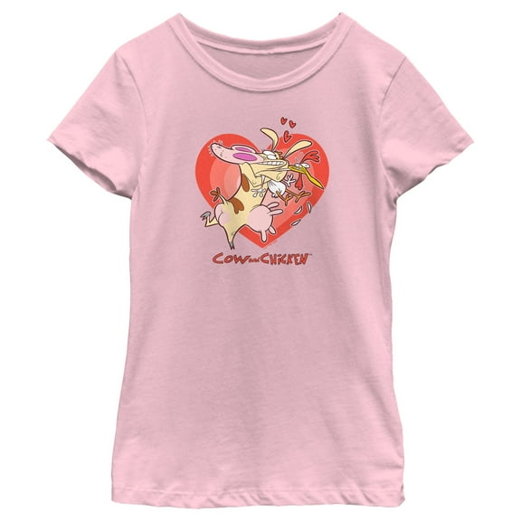 Girl's Cow and Chicken Valentine's Day Heart Hug Graphic Tee Light Pink X Small