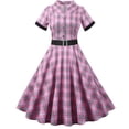 thumbnail image 2 of Brglopf Plaid Cocktail Party Dress for Women's Lapel V Neck Button Down 50s 60s Vintage Dress 1950s Retro Hepburn A-Line Swing Tea Dresses Pink XXL, 2 of 4