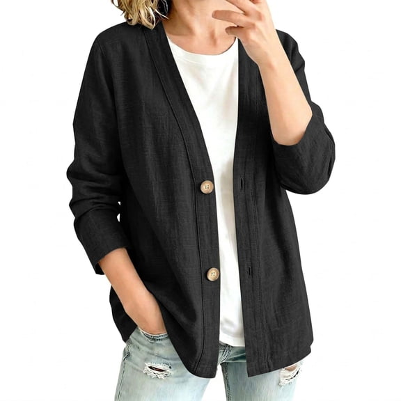 GILIGEGE Womens Oversized Cotton Linen Blazer,Button Up Crew Neck Lightweight Cardigan,Open Front Cardigan Shirt,Solid Color Loose Tops,Casual Long Sleeve Jackets,fall fashion must haves Black L