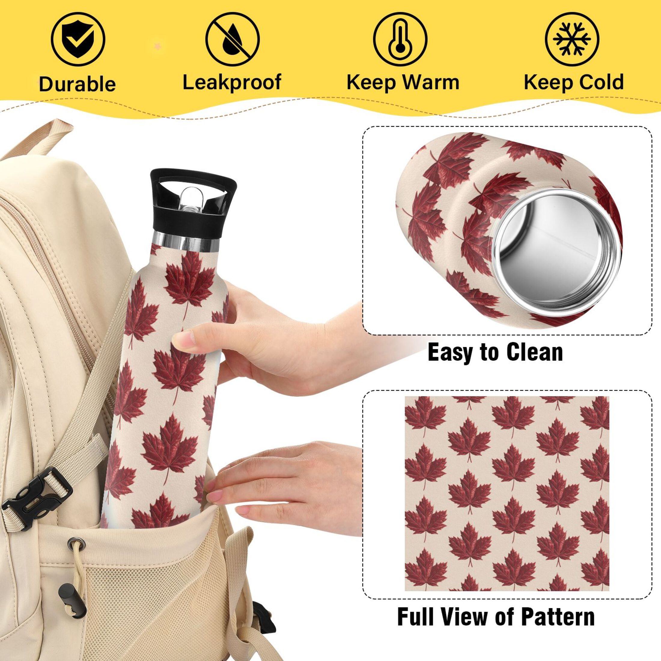 600ML Stainless Steel Insulated Cup Sports Water Bottle Portable Thermos Cup Water Glasses Insulated Tumblers Convenient and Durable Red Maple Leaves Seamless
