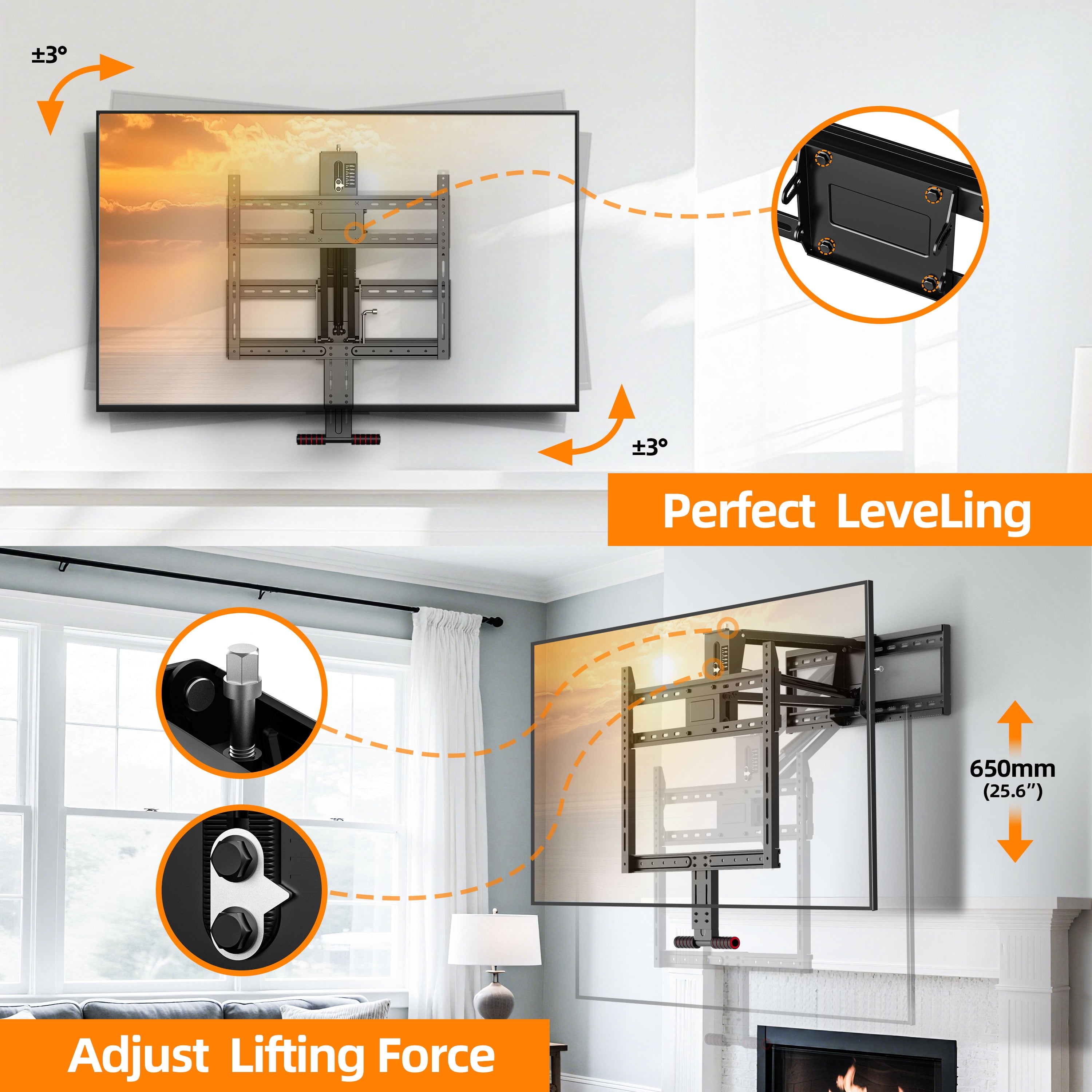 Fireplace Pull Down TV Mount over Fireplace with Height Adjust for Most 43" - 80" TVs, Max VESA 600x400mm, up to 80lbs, above Fireplaces TV Mount