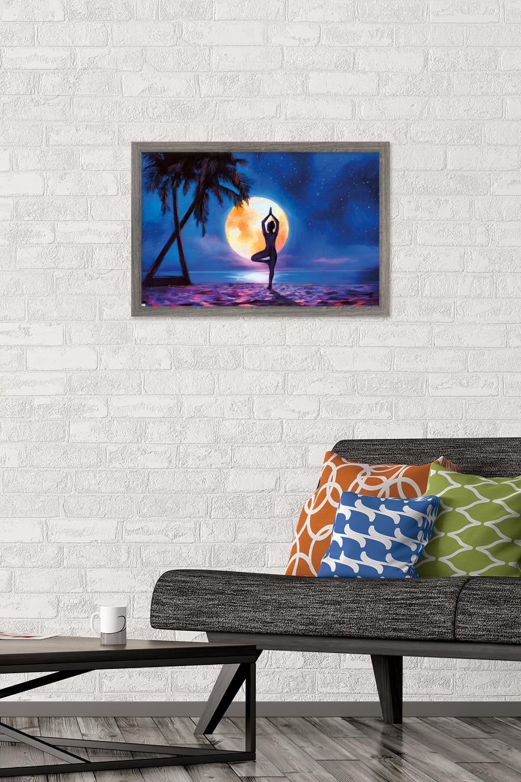 PD Moreno - Fine Art - Yoga Moonlight Beach Wall Poster, 14.725" x 22.375" Framed