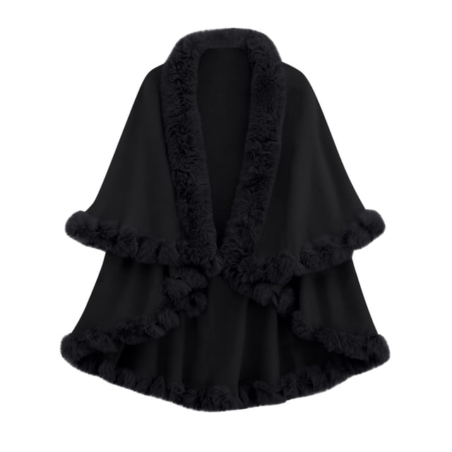 Women's Winter Shawl Cape Jacket with Faux Wool Collar, Double Layer Knit Cardigan for Plus Size