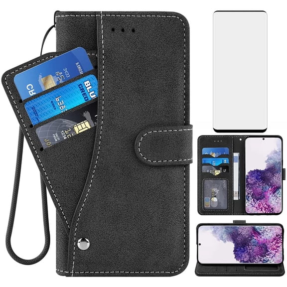 Compatible with Samsung Galaxy S20 Plus Glaxay S20  5G Wallet Case and Tempered Glass Screen Protector Flip Cover Credit Card Holder Cell Phone Cases for Gaxaly S20 5G S20plus 20S   S 20 20  G5 Black