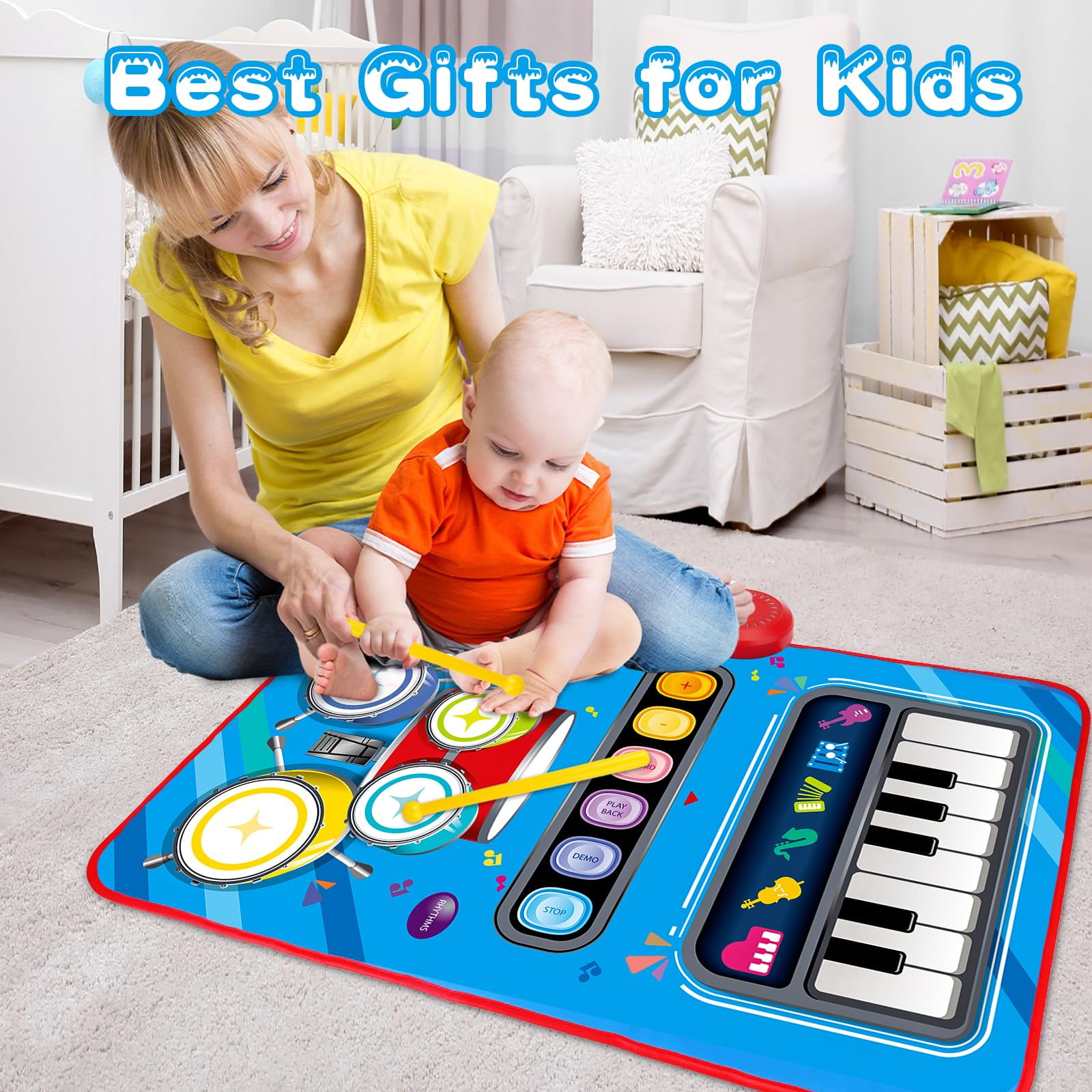 2 in 1 Musical Mat Toys Piano Keyboard & Drum Set with 2 Drum Sticks Baby Music Toy 12-18 Months Christmas Birthday Gifts
