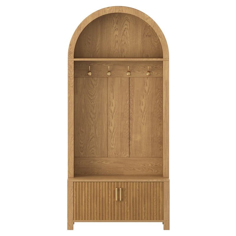 Farmhouse Style Arched Top Hall Tree, Shoe Bench with Storage Cabinet, Coat Rack Organizer with 4 Hooks and 2 Fluted Doors