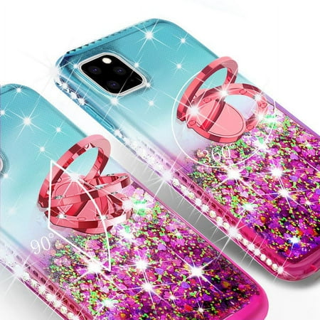 SPY Case for Apple iPhone 12 Pro Max Liquid Glitter Phone Case Cover Ring Kickstand/Neck Strap with Tempered Glass Screen Protector - Teal/Pink