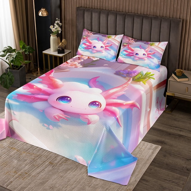 Ensemble de Courtepointe Axolotl Mignon pour Filles Décor Fleurs de Cerisier Roses Ensemble de Couvre-Lit, Grand Salamandre Kawaii Ensemble de Couvre-Lit Rêveur pour Enfants Ensemble de Literie Animal Océan Mignon avec 2 Taies d'Oreiller