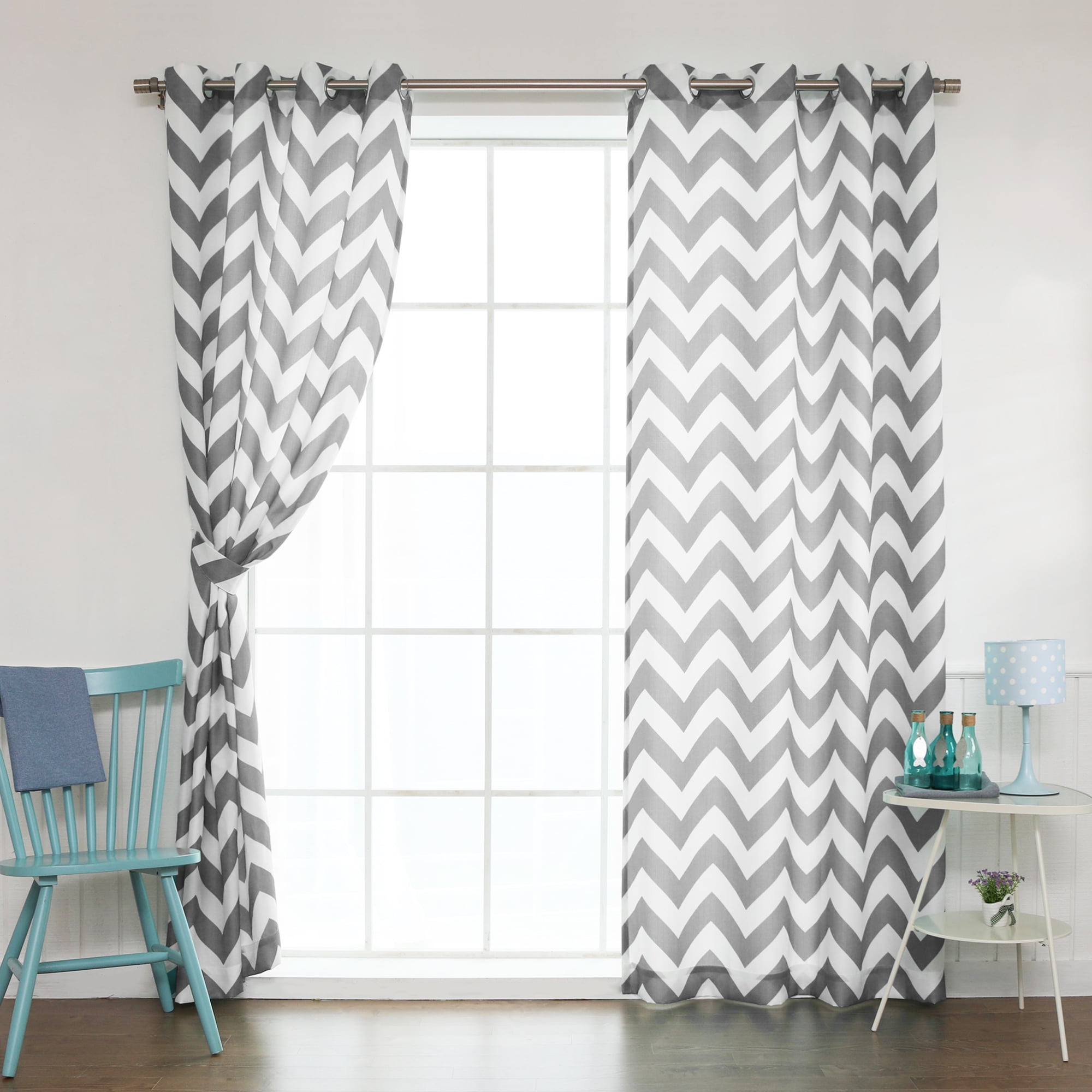 Quality Home Oxford Basketweave Chevron Print Curtains Stainless Steel Nickel Grommet Top