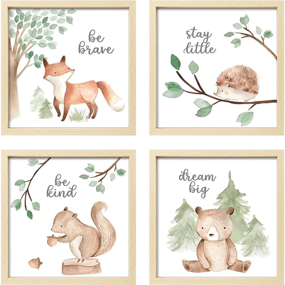 ArtbyHannah Framed Woodland Nursery Wall Decor, Safari Nursery Decor with Inspirational Quotes, Cute Animals Prints in 10x10 inch Wood Pictu