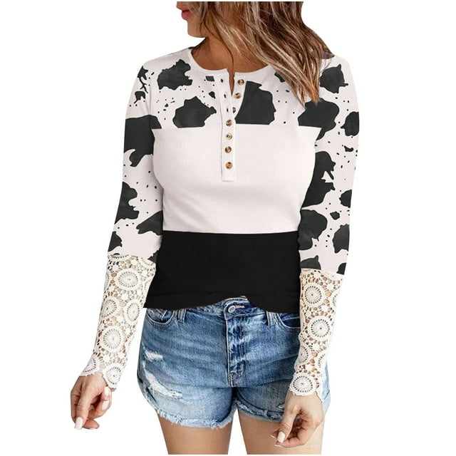 Tops Para Mujer Blusa Casual Elegante Camisas de Manga Larga Otoño Damas Moda Cuello Redondo Impreso Camiseta de Encaje Top Odeerbi ODB169184