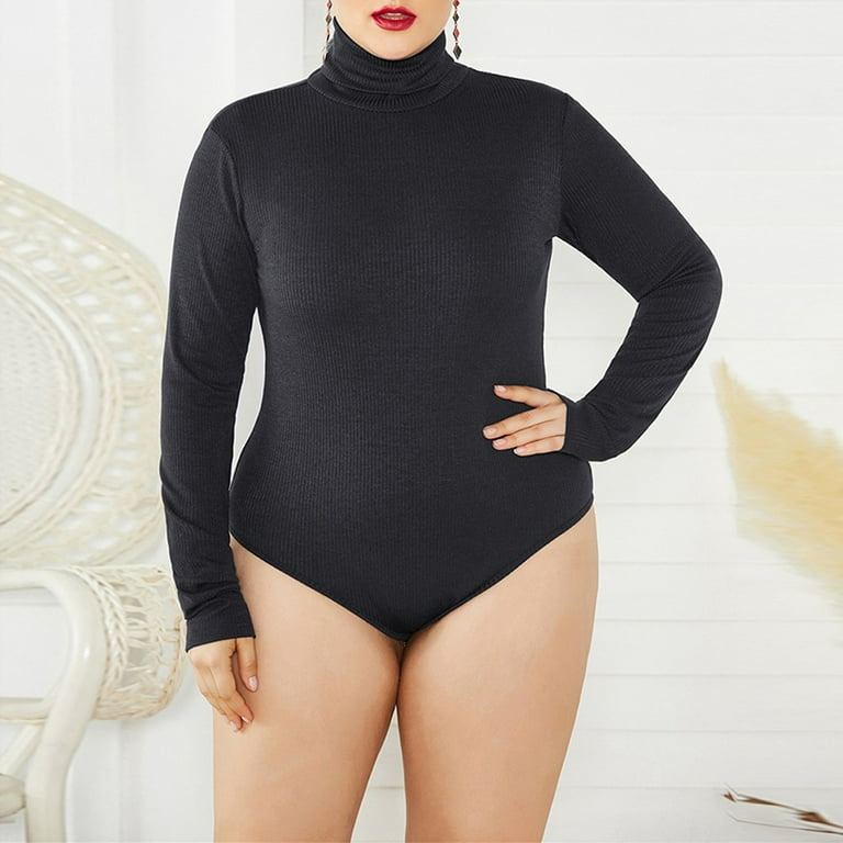 ALSLIAO Plus Size Women Turtleneck Bodysuit Knit Top Long Sleeve SlimT-Shirt  Sweater Black 5XL 