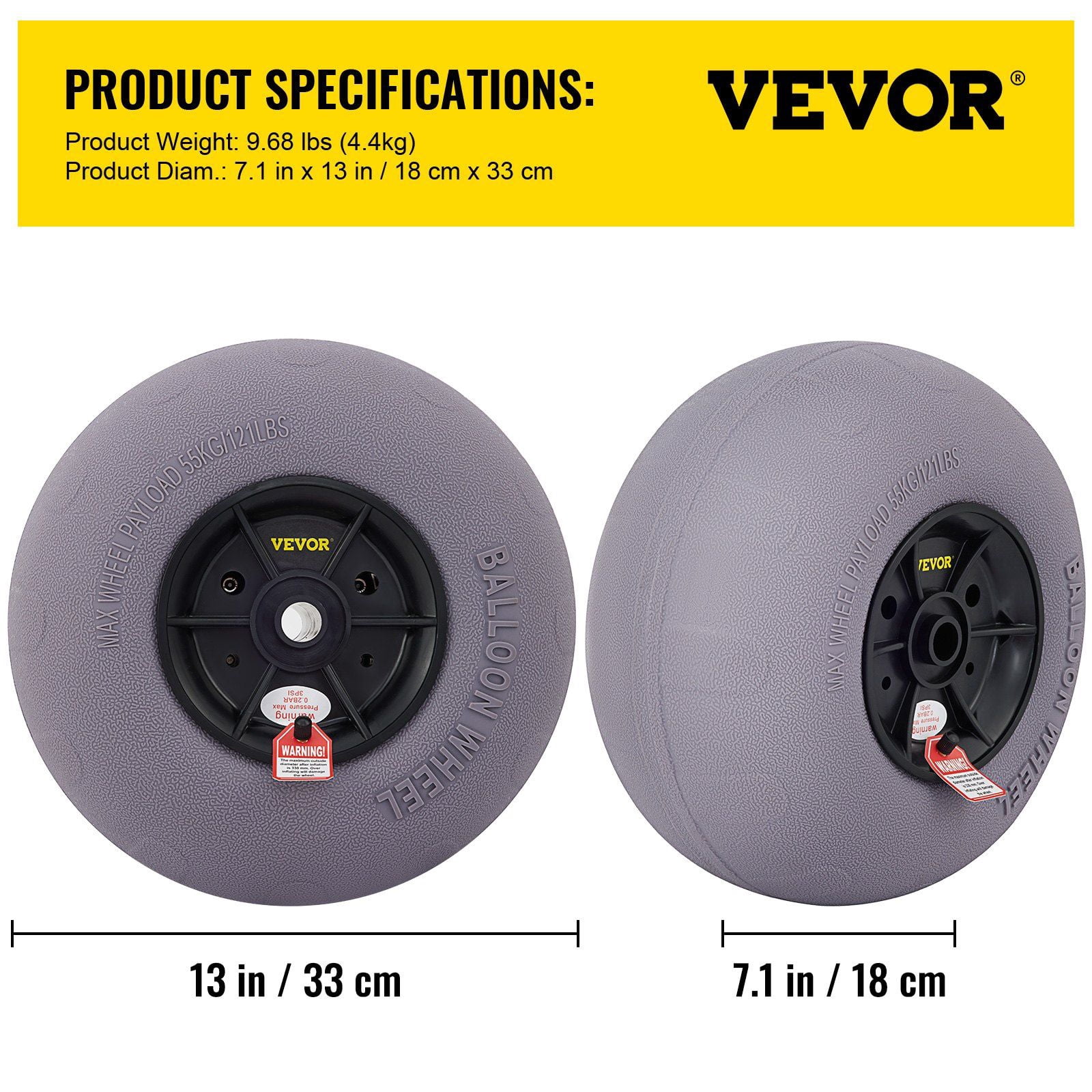 13'' Beach Balloon Wheels - Sand Tires for Kayak/Canoe Cart, Dolly & Buggy - TPU Air-Filled Replacement Tires w/Free Pump, 2-Pack