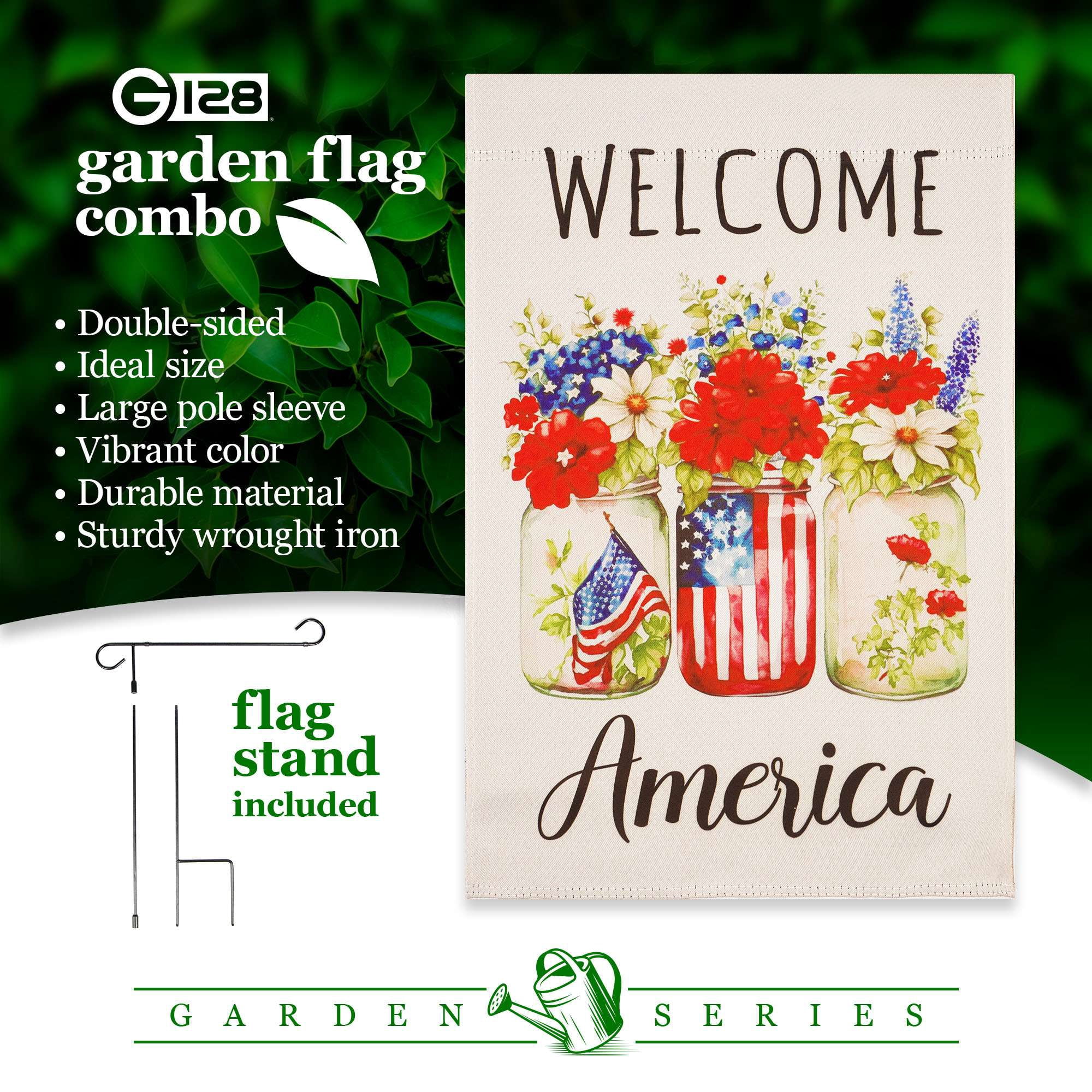 G128 Combo Pack Garden Flag Stand Black 36x16IN & Garden Flag Welcome America Mason Jars Printed 12x18IN Double Sided Yard Garden Lawn Decoration