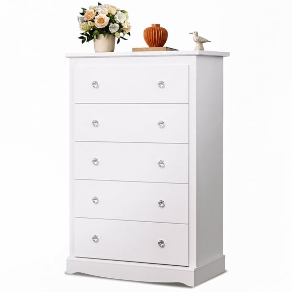 GALAXHERO 5 Drawer Dresser for Bedroom, Retro Wood Chest of Drawers, Tall Dresser with Round Metal Handle for Living Room, Hallway, Closet, White