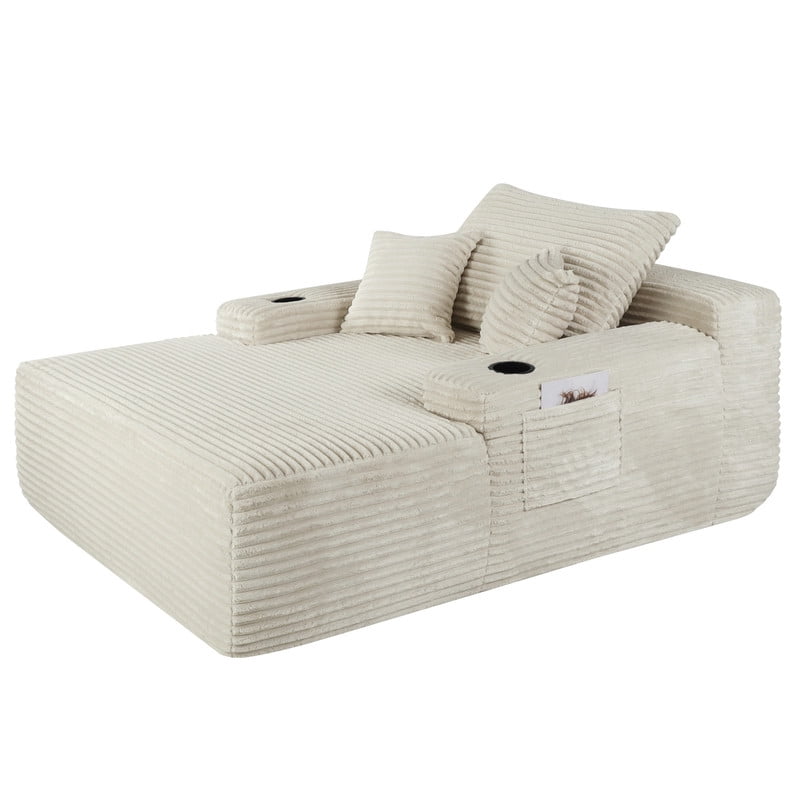 No-Assembly Chaise Lounge Armchair with Throw Pillows, Boneless Single Sleeper Sofa Bed with Cup Holder & Storage Pocket