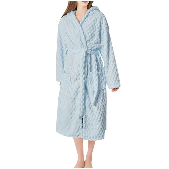 Htigea Womens Robes Soft Comfy Long Bathrobe Solid Color Loungewear Winter Warm Nightgown with Pocket Blue,Free Size