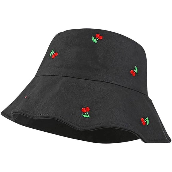 YooGuoGuo Cute Cherry Embroidered Bucket Hat Reversible Double-Side-Wear Hat Summer Packable Beach Sun Fisherman Hat