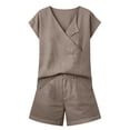 thumbnail image 4 of Mifsaly Short Sets for Women 2 Piece Vacation Short Sleeve V Neck Wrap Top and High Waisted Shorts with Pockets Lightweight Loose Casual Summer Linen Matching Outfits Brown,L, 4 of 7
