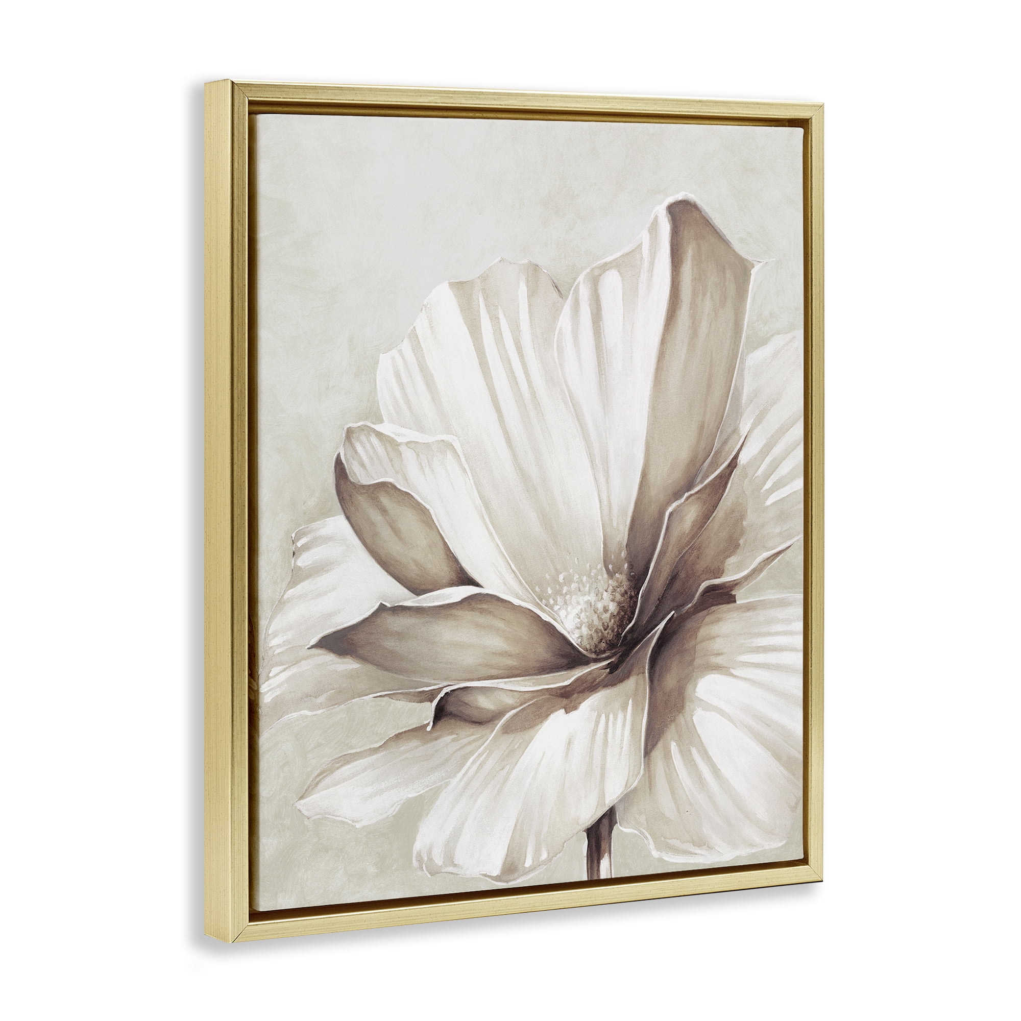 Stupell Industries White Flower Petals Botanical & Floral Painting Gold Floater Framed Art Print Wall Art, 17 x 21