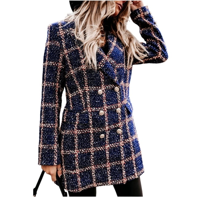 Chaqueta Informal de Lana con Solapa y Larga para Mujer, con Estampado y Doble Botonadura, A Cuadros Azul XXL