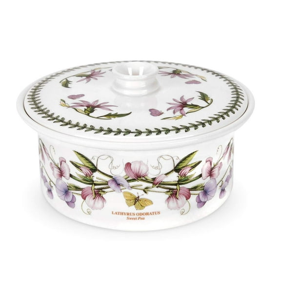 Portmeirion Botanic Garden 9.5" Round Casserole Dish with Cover, Sweet Pea Motif - Durable Porcelain Baking Dish with Chip-Resistant Glaze, Dishwasher & Microwave Safe - Stylish B