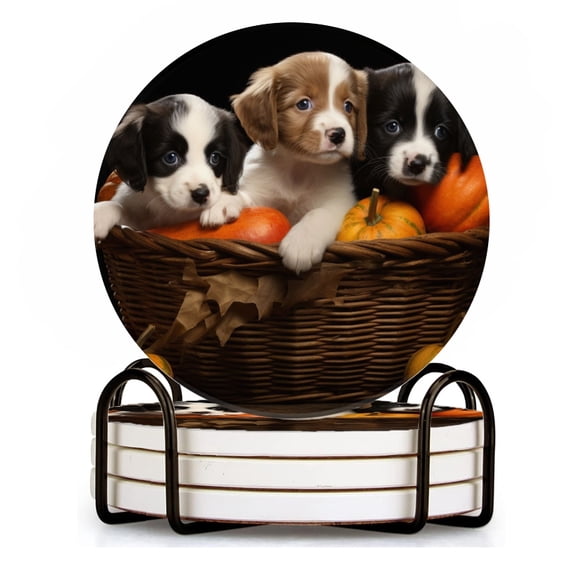 BaHomeck Drink Coasters Set of 4 with Holder cute puppies in basket with pumpkins Water Absorbent Ceramic Coasters Tabletop Protection,Suitable for Various Cup ,Home Decor