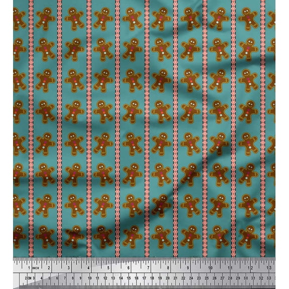 Soimoi Blue polyester Crepe Fabric Stripe,Christmas Cookies & Candy Food Fabric Prints By Yard 42 Inch Wide