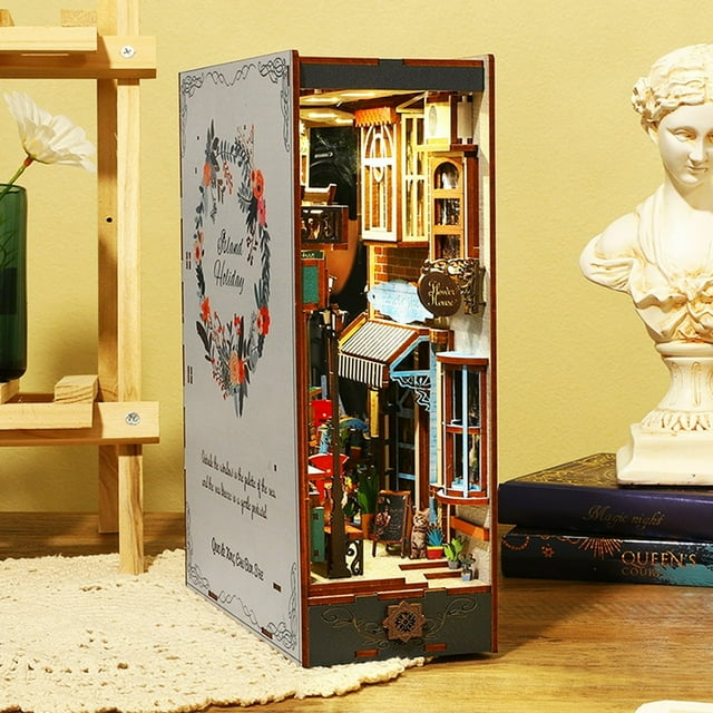 DIY Book Nook Kit 3D Wooden Puzzle Bookshelf Insert Decor with Sensor Light DIY Miniature Dollhouse Model Kit Creative Decorative Educational Bookshelf Insert Bookend Building Kits for Ki