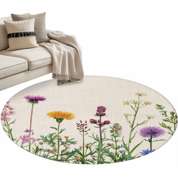 Spring Flowers Round Area Rug 3 FT, Small Kitchen Bathroom Mat, Wild Floral Herb Botanical Washable Indoor Outdoor Throw Runner Carpet Non-Shedding Doormat for Table Shower Sofa Entryway