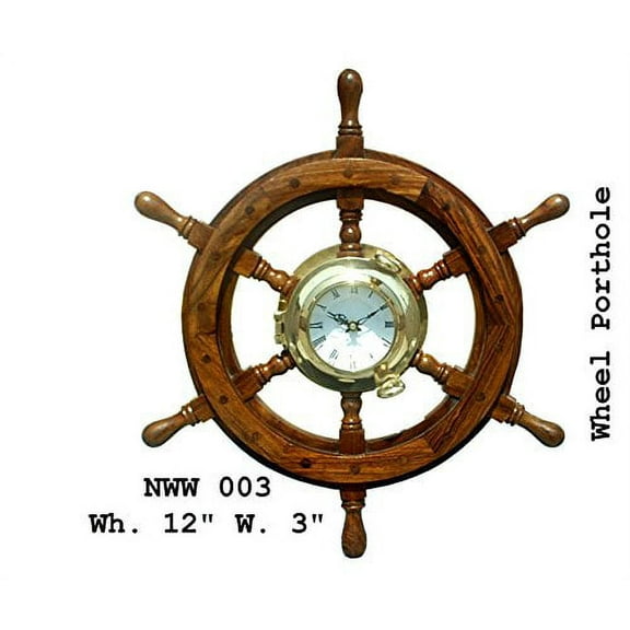 "Nagina International 12"" Nautical Ship Wheel With Porthole 3"" Clock Pirate   Home Decor Wall Hanging"