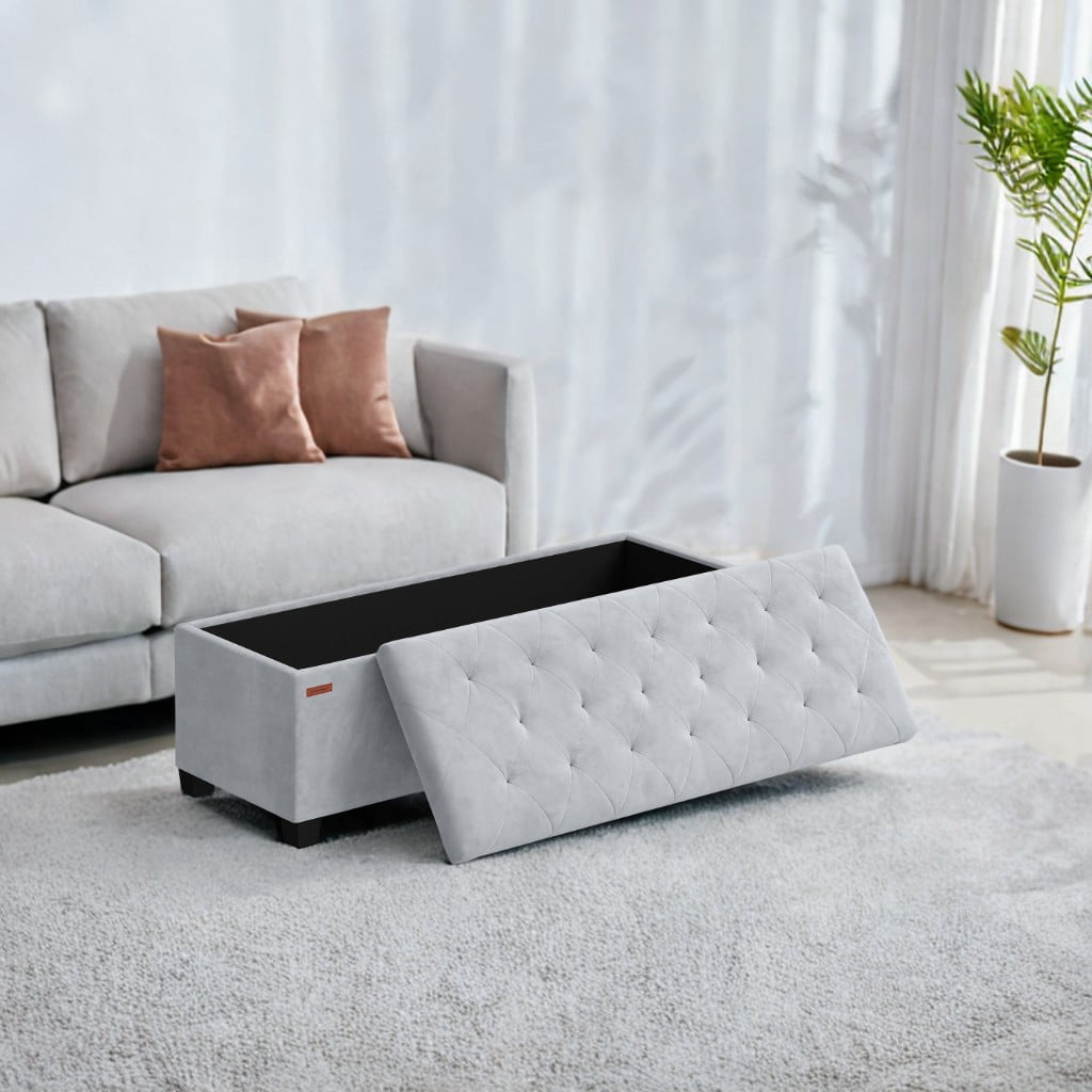 LEDREM 43-Inch Velvet Storage Ottoman Bench with Removable Cover, 660LB Capacity Multi-Functional Footrest for Living Room & Bedroom, Dove Gray