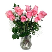 Fresh Flowers -Dozen Pink Roses (Vase Included)