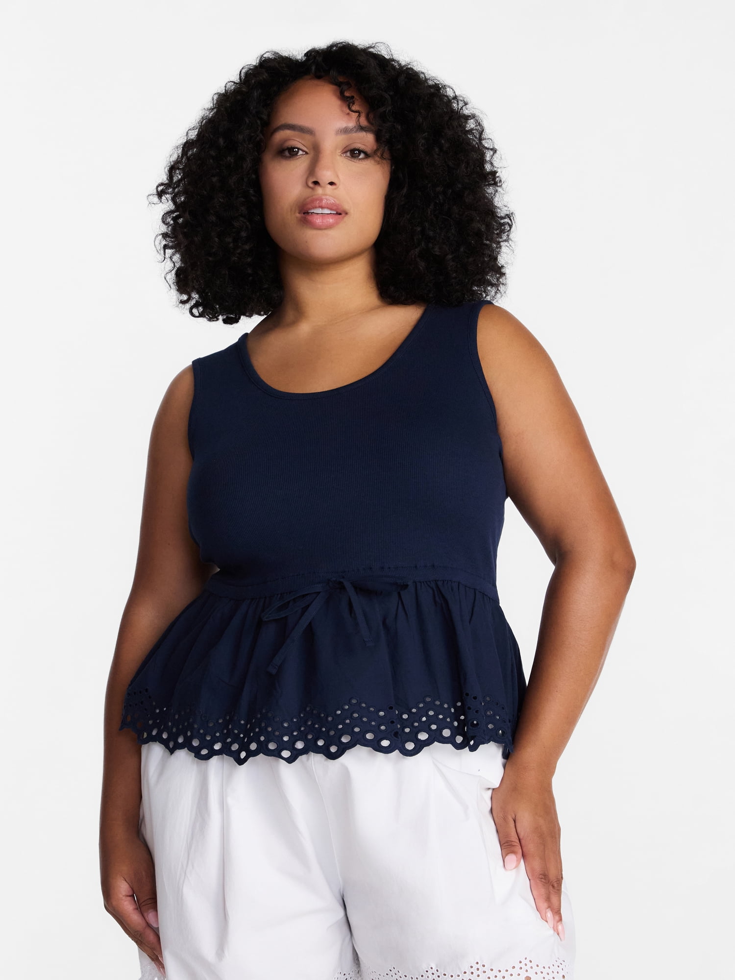 Time and Tru Women's Eyelet Trim Tank Top with Peplum Hem, Sizes XS-XXXL