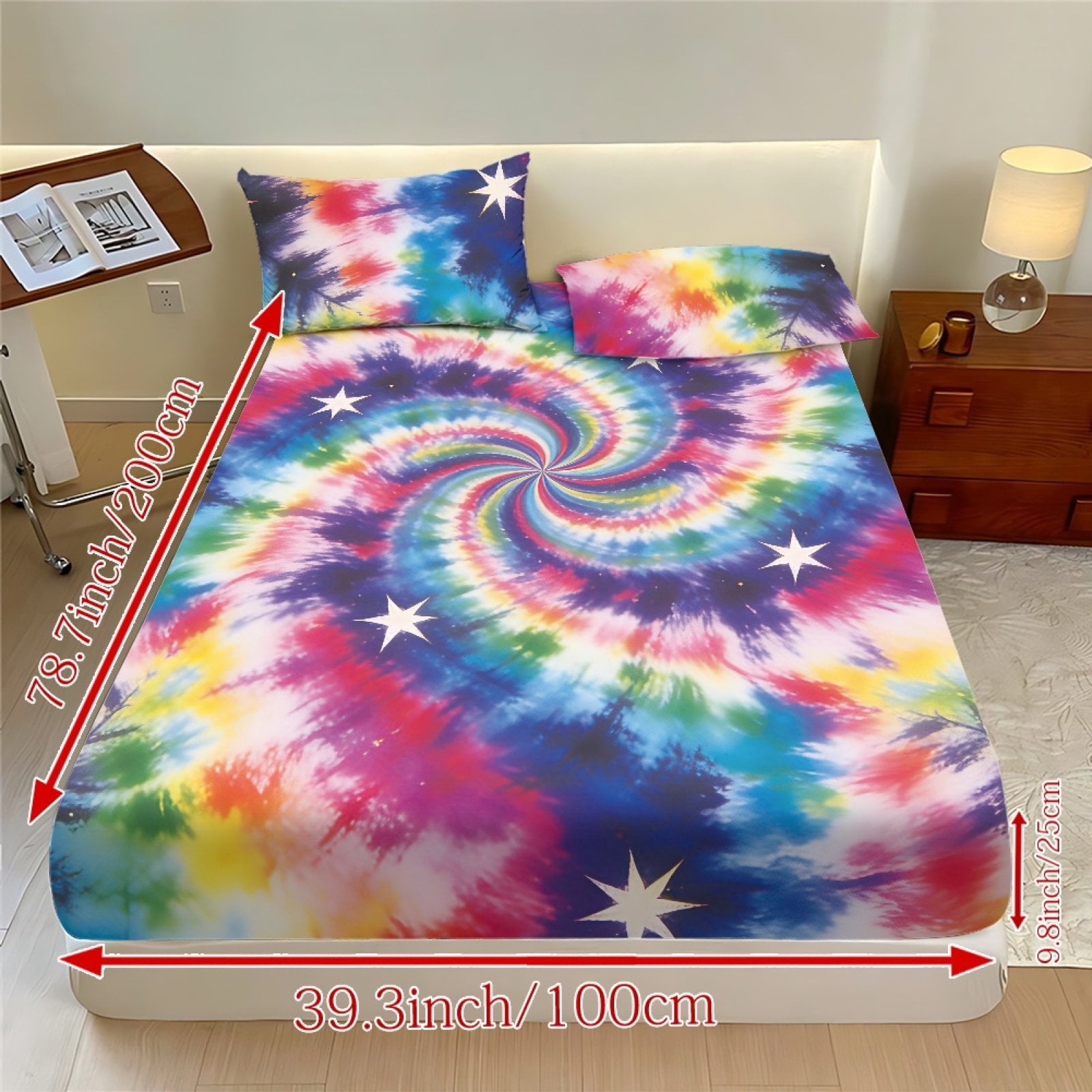 COEQINE Bed Sheets Set 3 Piece Twin XL Size Bedding Sheet Set, Comfy Easy Care Non-Slip Bedsheet & Pillowcases for Twin XL Size Bed for Women Men, Colorful Tie-dye Swirl Star