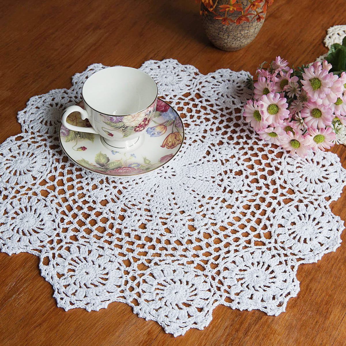 37CM Pure Cotton Handmade Crochet Lace Doily Placemat Round Flower Coaster Mat 