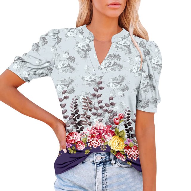 Femmes Été Mode T-shirt V-Cou Mignon Puff Manches Courtes Floral Imprimé Pull Blouse Tops