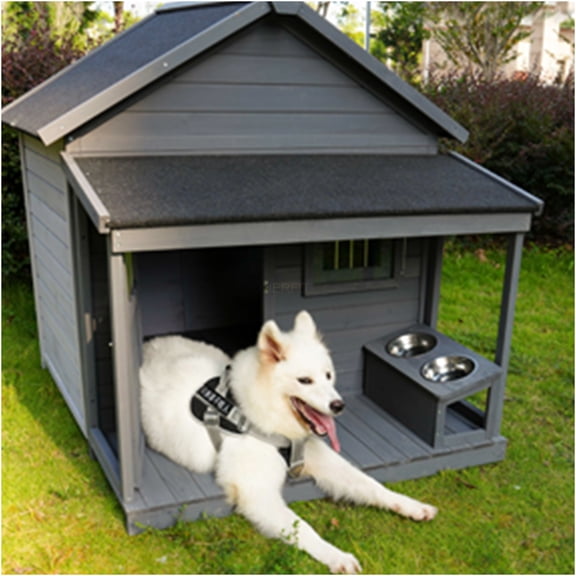 JERFIT Extra Large Dog House with Lockable Door & Porch, 44" Wooden Outdoor Kennel with Asphalt Roof, Weatherproof for Big Dogs up to 80lbs, Gray