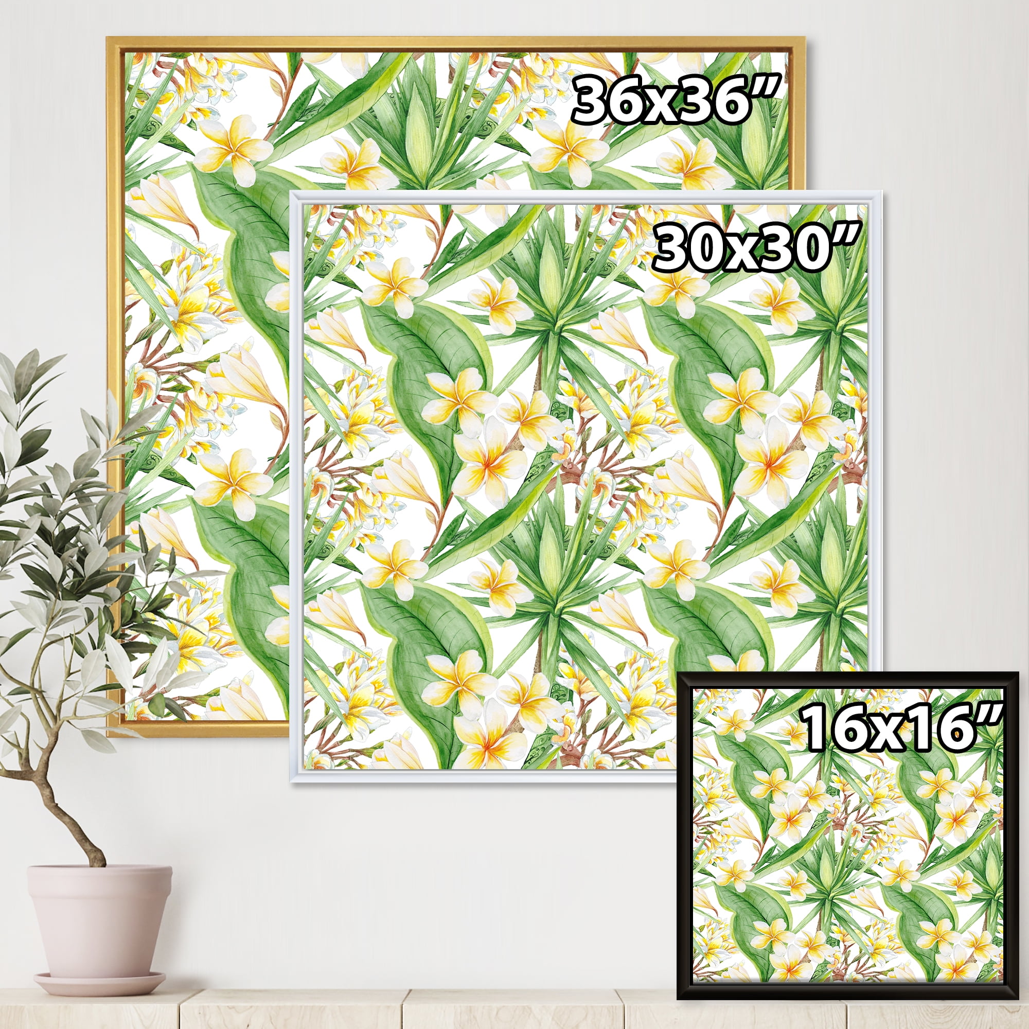 Designart 'Yellow Flowers and Tropical Foliage IX' Modern Framed Canvas Wall Art Print