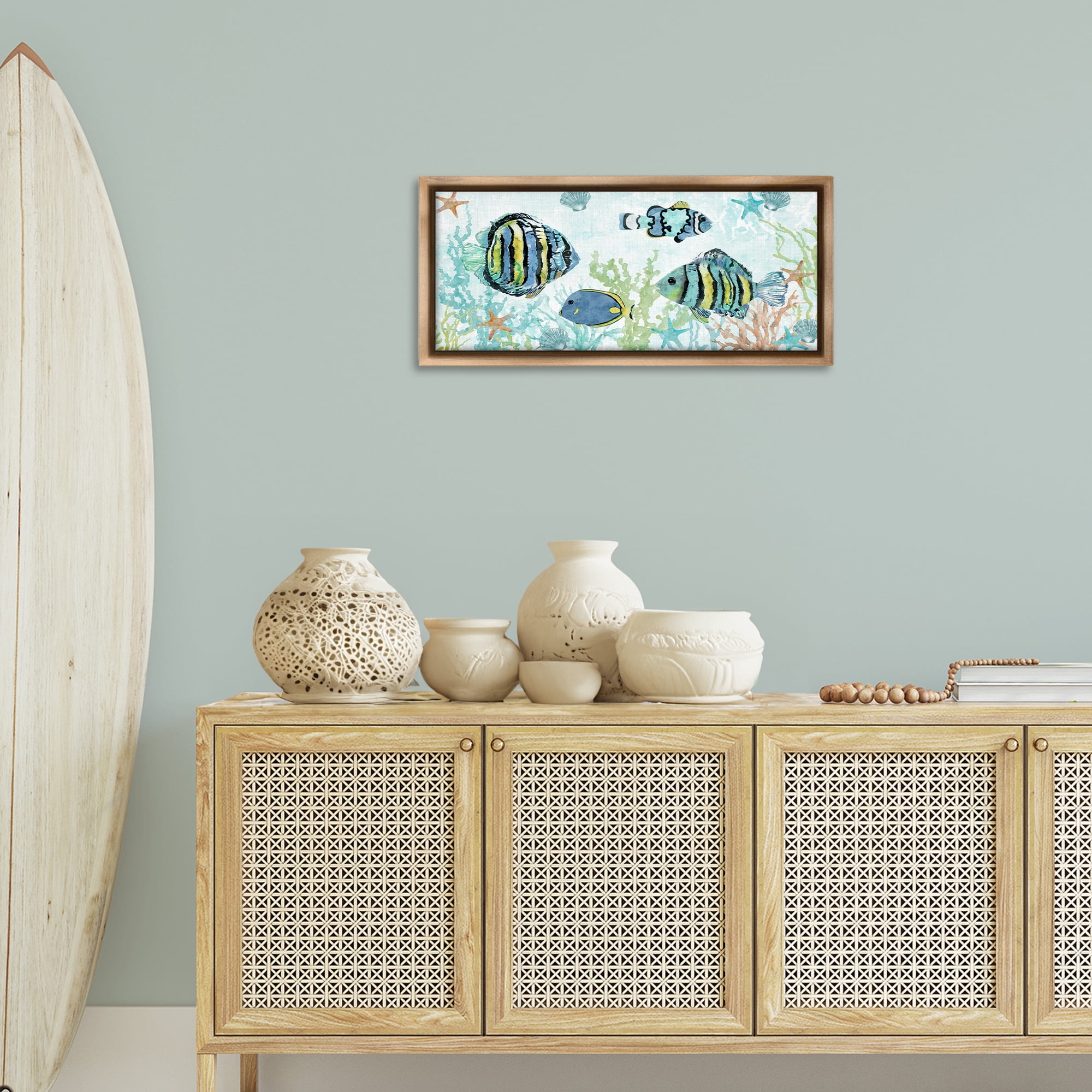 Stupell Industries Various Fish Underwater Animals Painting Brown Floater Framed Canvas Art Print Wall Art, 31 x 14