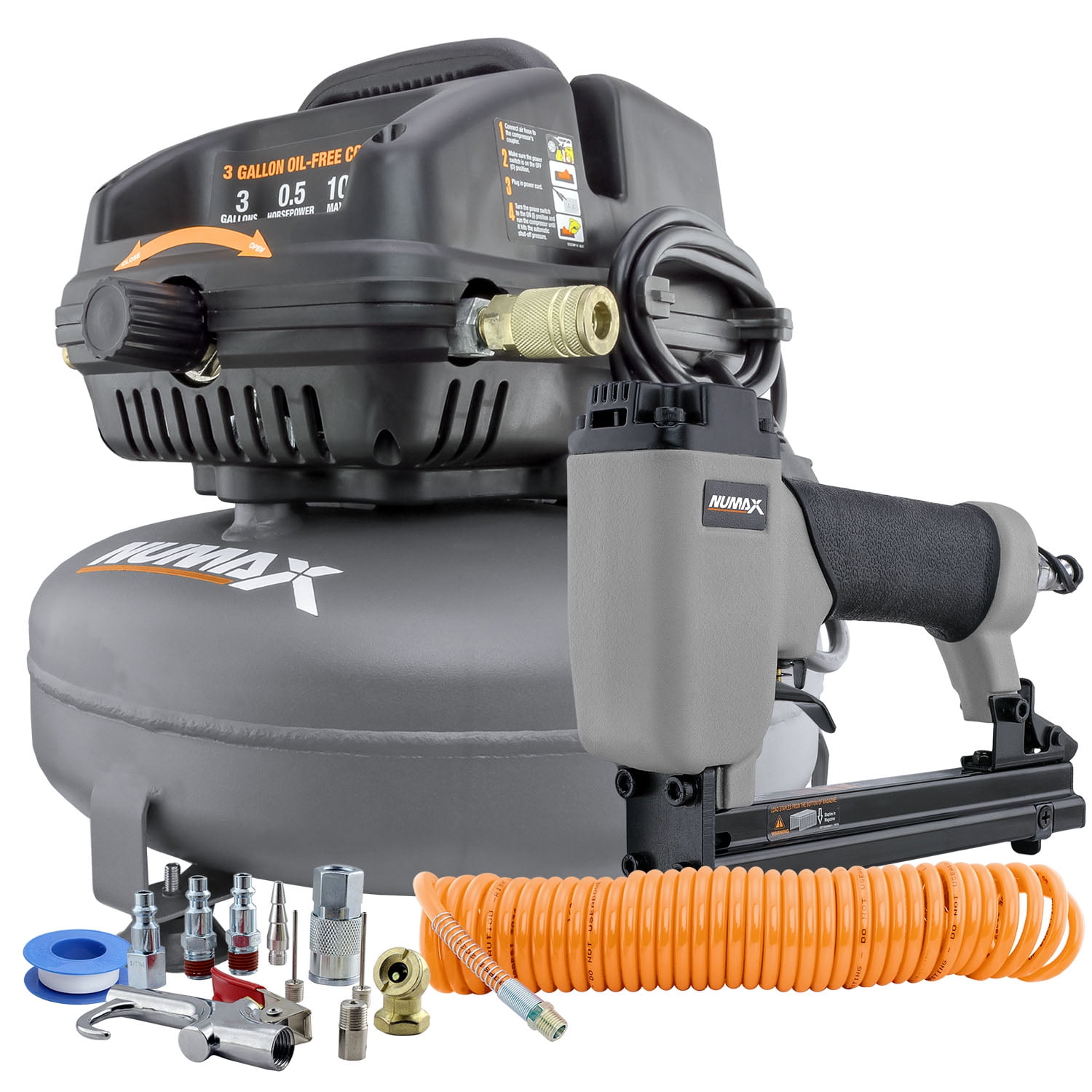 NuMax S3GIUPCK Compressor w/ Upholstery Stapler, Air Hose, Inflation