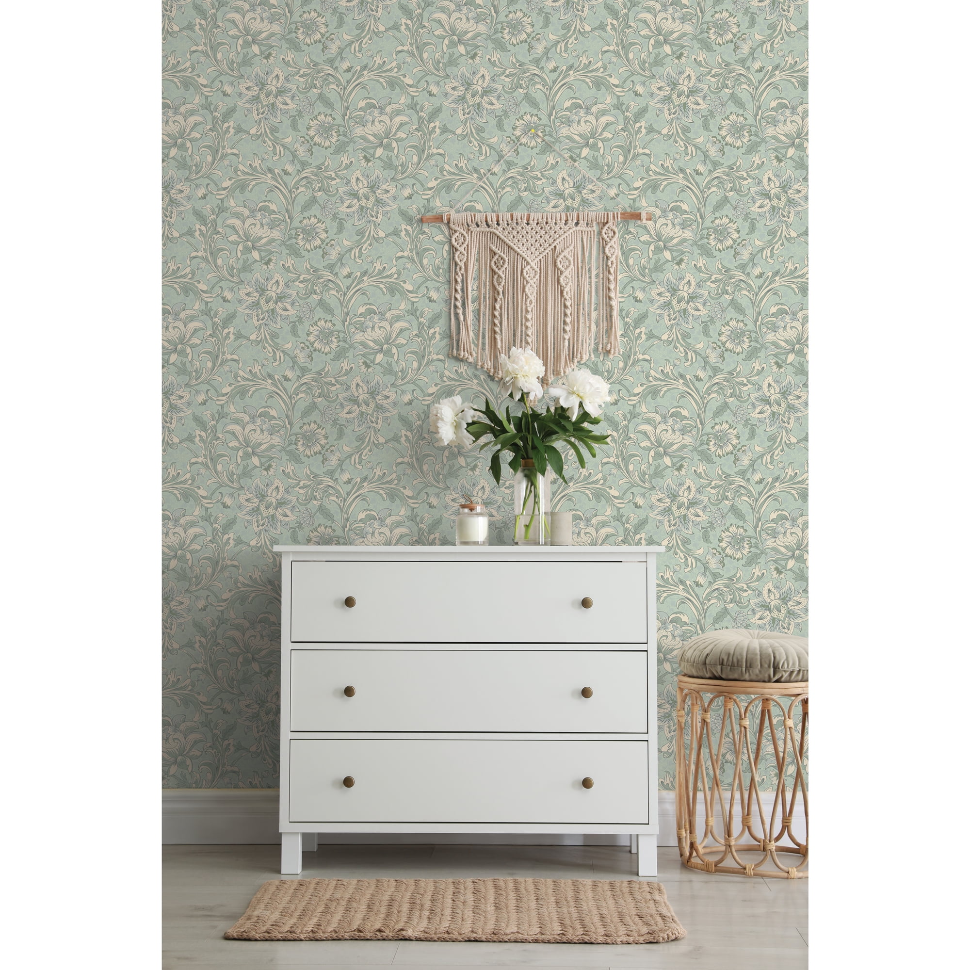 Better Homes & Gardens Teal Isolda Jacobean Peel and Stick Wallpaper, 20.5" x 18'