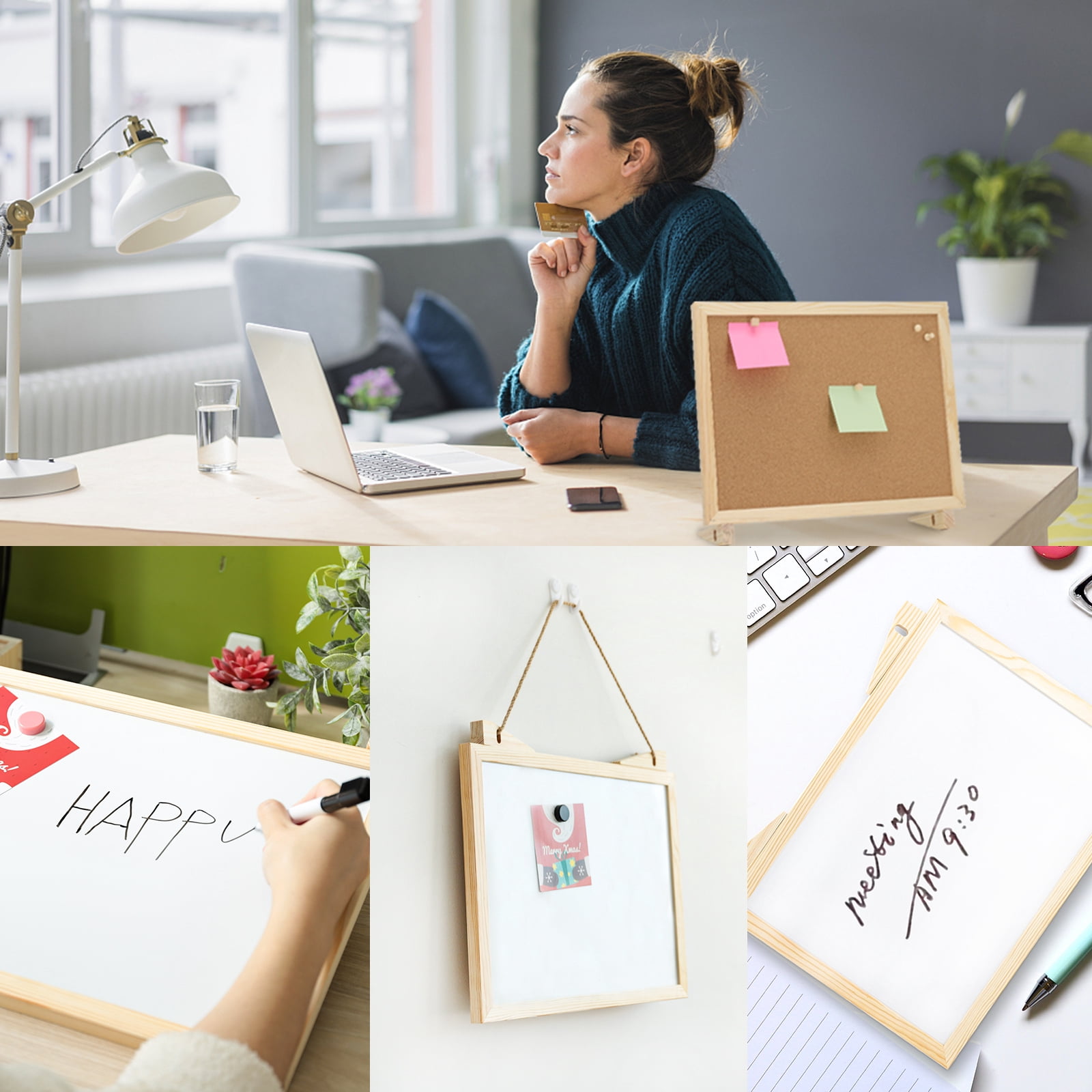 SHOOFFICE Cork Board White Board Combo, 16" x 12" Magnetic Corkboard for Desktop and Wall, Wooden Frame
