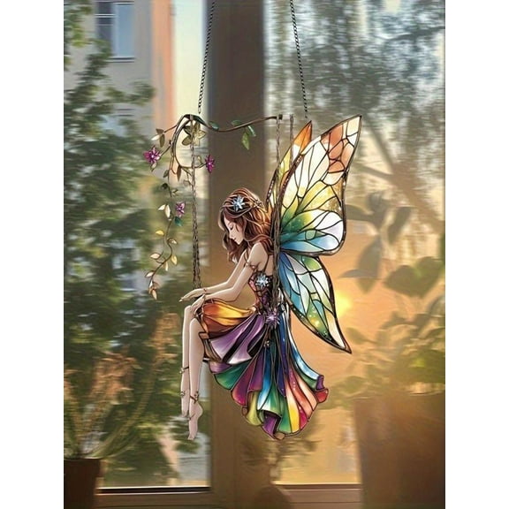 Mozhitti Dreamy And Gorgeous Stained Glass Acrylic Fairy Swing Ornament Light Up Your Home And Festival Atmosphere