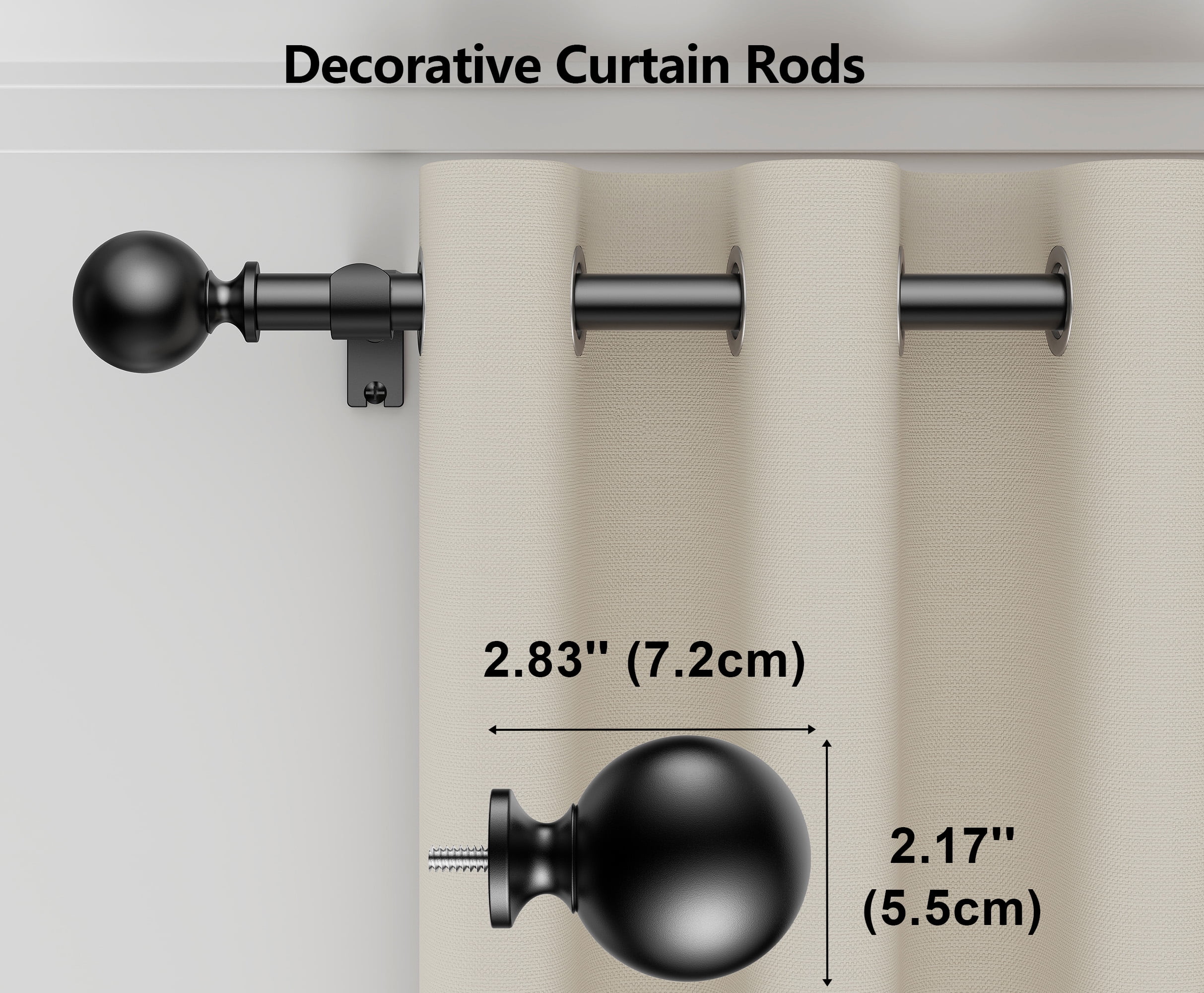 Titanock Curtain Rods 128 Inch for Window 120 Inch, Adjustable Length Heavy Duty Ball Finials Diameter 7/8 inch,10 ft, Black